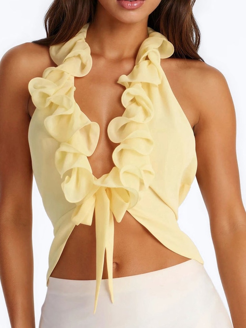 Fashion Nova Yellow Ruffle Halter Tie Crop Top